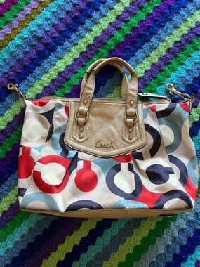 Coach Multicolor Circle Print Satchel - Red, Navy, Light Blue, Beige